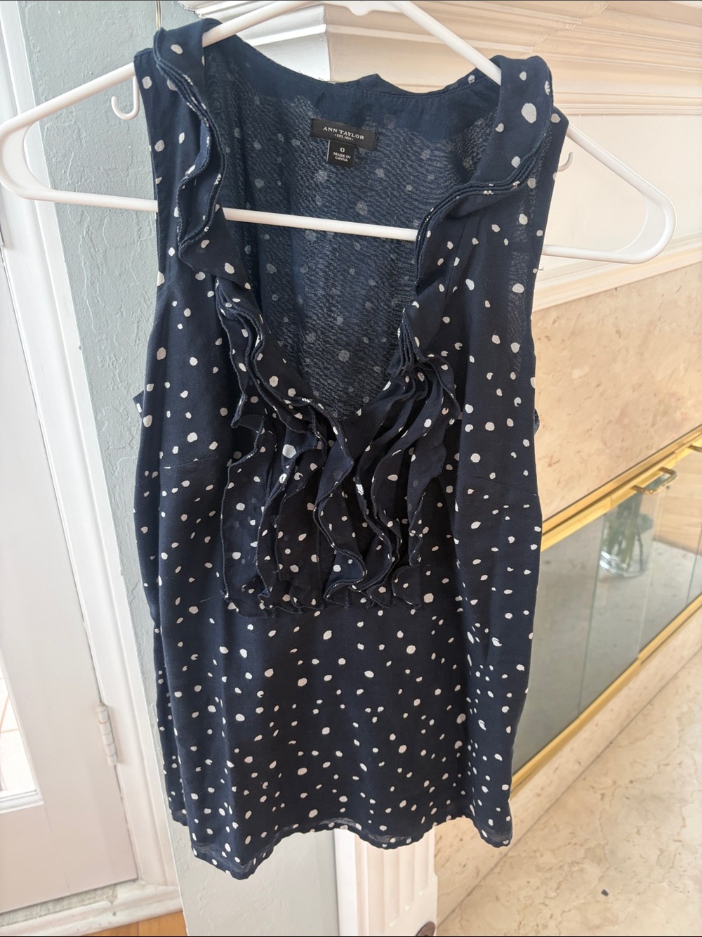 Ann Taylor Navy and White Polka Dot Ruffle Sleeveless Top